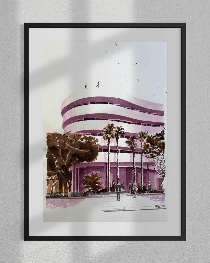 Original Asia House ink painting from Tel Aviv, featuring Bauhaus architecture in purple, green, and brown tones.